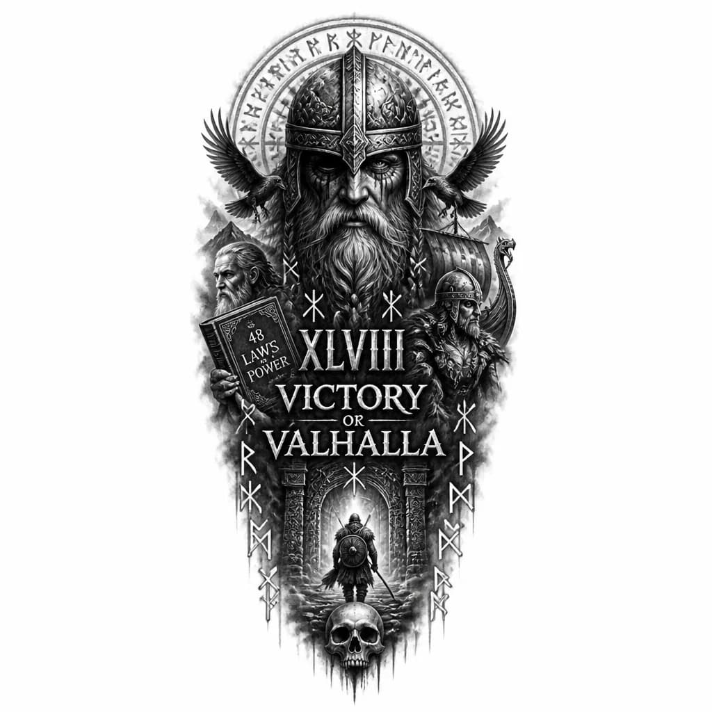 Тату эскиз: Я взял 48 законов как инструмент , прошел путь рун и пришел к victory or Valhalla , либо победа, либо достойная смерть