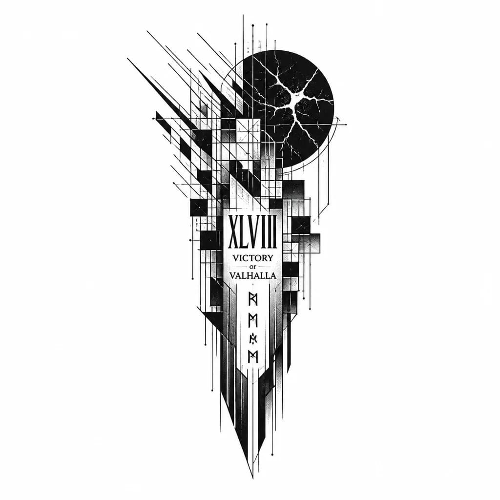 Тату эскиз: «Хочу blackwork, стилистика — архитектурный стат (архитектурная абстракция). Никаких животных, рун как текста, сюжета. Только линии, углы, контраст. Идея: 48 элементов (квадраты, прямоугольники), которые трансформируются в острые обрывки к плечу. На плече — чёрное пятно с белыми трещинами. Чтобы выглядело как дизайн здания или механизма. Без надписей — только форма.»