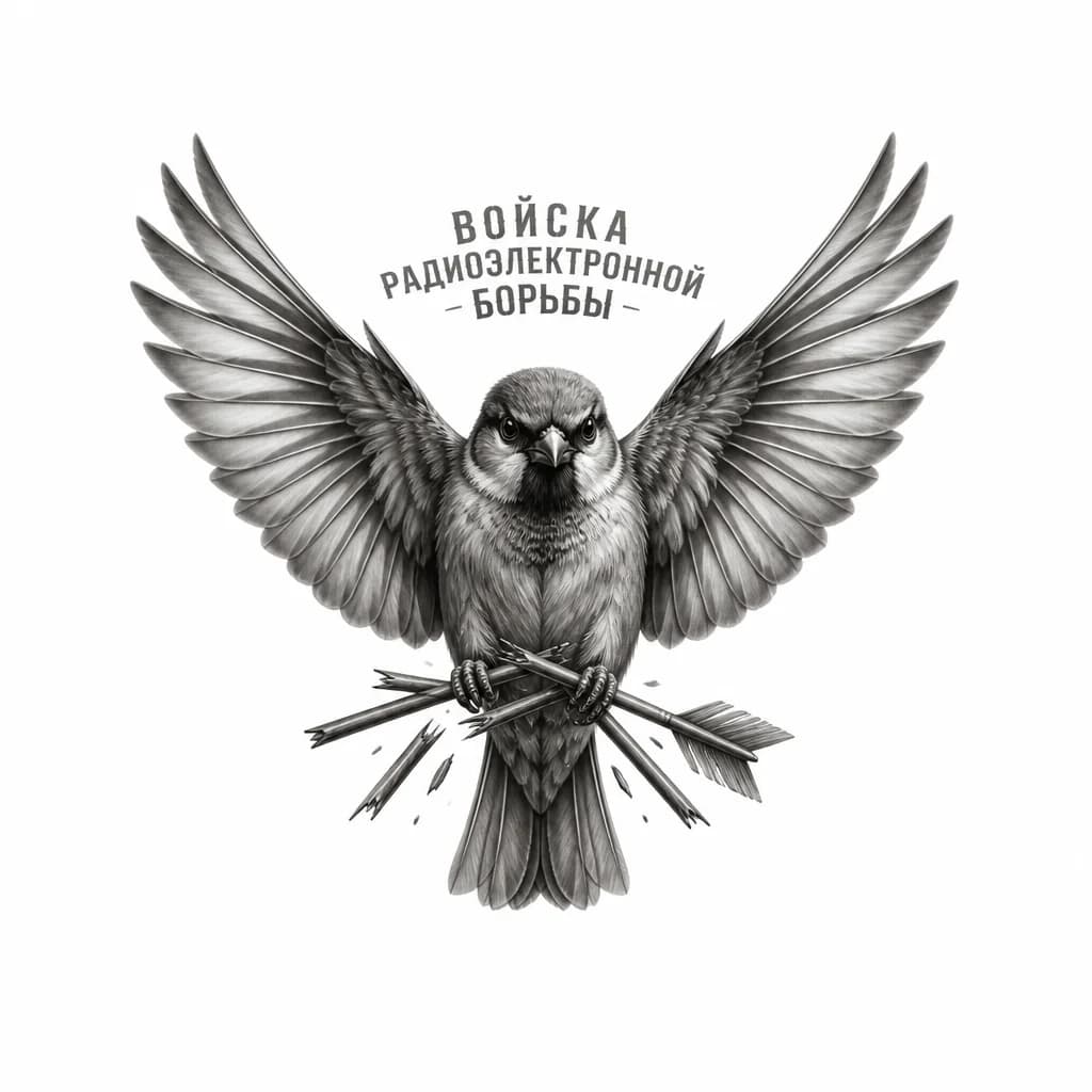 Тату эскиз: Татуировка на шею, птица воробей с распахнутыми крыльями, в лапах держит сломанные стрелы. Войска радиоэлектронной борьбы
