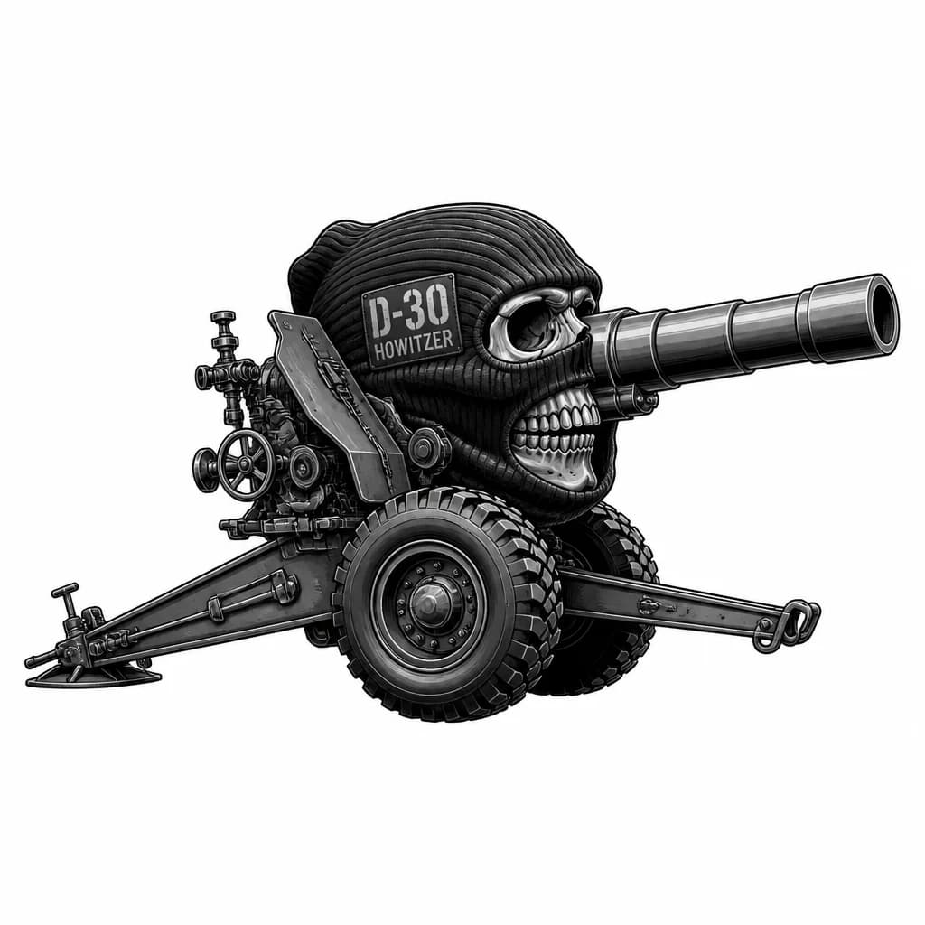 Тату эскиз: A D-30 howitzer cannon viewed from the side, with a skull wearing a balaclava integrated into or behind the barrel, military tactical style, black and white monochrome ink, detailed mechanical elements, high contrast, clean sharp lines, tattoo flash sheet illustration, white background, high contrast, clean lines