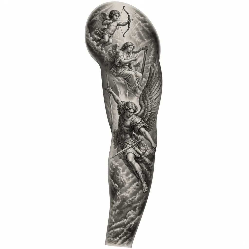Тату эскиз: Хочу татуировку в стиле гравюра. Чтобы на предплечье был святой архангел михаил без щита и никого не убивал, а как будто он в полёте с мечом, а где-то на плече купидон и ангел с арфой