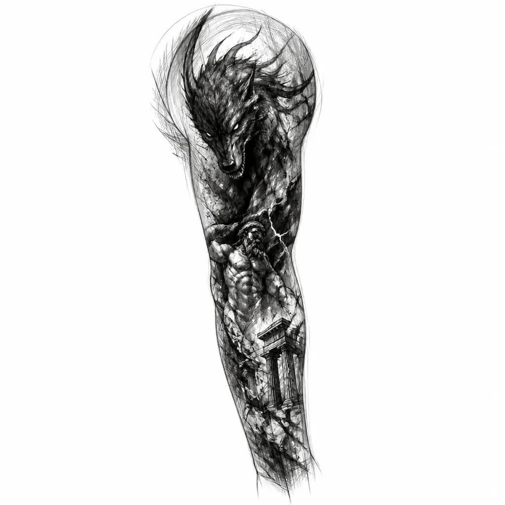 Тату эскиз: Создай цельный эскиз тату в мрачном blackwork-стиле: рукав, который начинается на предплечье, плавно поднимается через плечо и заходит на грудь. Композиция должна выглядеть как одна единая картина, а не набор отдельных элементов. Используй плотные черные массы, графичные контрасты, рваные края, дым, трещины, осколки и абстрактные переходы, чтобы все части естественно соединялись. Центральный образ — темный мифологический зверь частично скрытая тенями, с ощущением движе