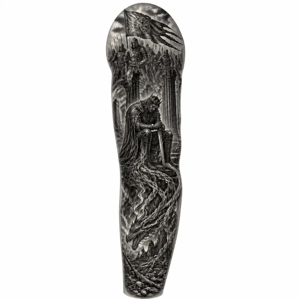 Тату эскиз: Верх рукава (Плечо и дельтовидная): «Армия Теней» Вместо привычного боя — строй павших союзников. Их силуэты выполнены в технике гравировки (плотная штриховка), они будто высечены из камня. Над ними развивается прорванное знамя с едва угадываемым гербом.
Внешняя сторона бицепса (Центр композиции): «Уставший Король»
Твой рыцарь. Он сидит на руинах колоннады. Важная деталь для рукава — его плащ ниспадает вниз, переходя в языки медленно горящего огня (или вьющихся корней), которые обвивают руку. Си
