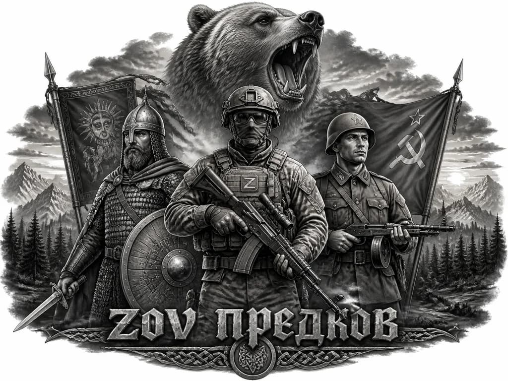 Тату эскиз: три воина разных эпох, стоящие плечом к плечу на фоне гор и леса на закате. Слева — древнерусский воин в кольчуге и шлеме, с мечом и круглым щитом и знамя той эпохи. В центре — современный военнослужащий в тактической экипировке (бронежилет, каска, балаклава, тактические очки), с автоматом ак 74м в обвесе с калиматором Справа — солдат времён Великой Отечественной войны в советской форме и каске, с ППШ и советское знам. Над воинами — голова рычащего медведя чуть повернута в лево