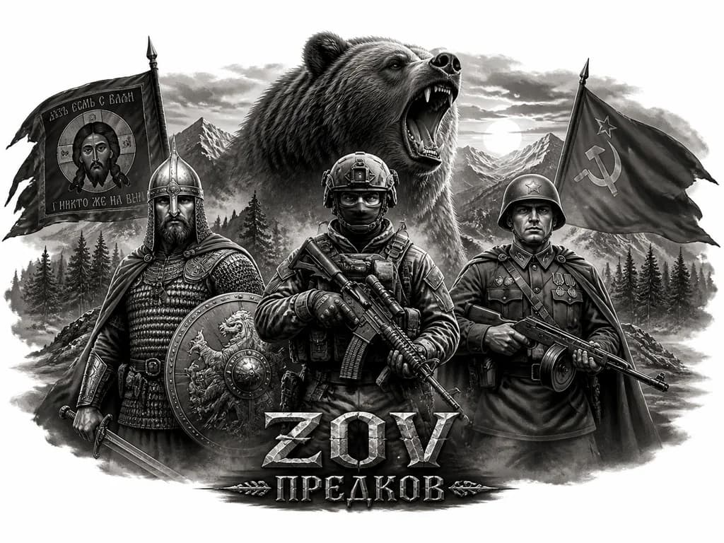 Тату эскиз: три воина разных эпох, стоящие плечом к плечу на фоне медведя ревущего с чуть повернутой в левоголовой в лево, гор, лесного массива и солнца на закате. Слева — древнерусский воин в кольчуге и шлеме, с мечом и круглым щитом и знамя эпохи Александра Невского В центре — современный военнослужащий в тактической экипировке (бронежилет, каска, балаклава), с автоматом ак 74м в обвесе с калиматором Справа — солдат времён Великой Отечественной войны в советской форме и каске, с ППШ и советское знам.