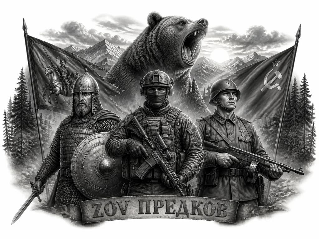 Тату эскиз: три воина разных эпох, стоящие плечом к плечу на фоне медведя ревущего с чуть повернутой в левоголовой в право, гор, лесного массива и солнца на закате. Слева — древнерусский воин в кольчуге и шлеме, с мечом и круглым щитом и знамя эпохи Александра Невского В центре — современный военнослужащий в тактической экипировке (бронежилет, каска, балаклава), с автоматом ак 74м в обвесе с калиматором Справа — солдат времён Великой Отечественной войны в советской форме и каске, с ППШ и советское знам.