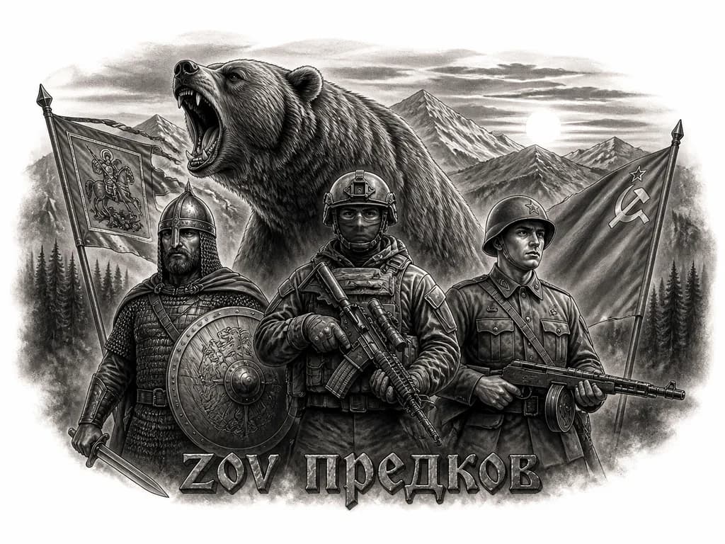 Тату эскиз: три воина разных эпох, стоящих рядом на фоне медведя ревущего с чуть повернутой в лево головой , гор, лесного массива и солнца на закате. Слева — древнерусский воин в кольчуге и шлеме, с мечом и круглым щитом и знамя эпохи Александра Невского В центре — современный военнослужащий в тактической экипировке (бронежилет, каска, балаклава), с автоматом ак 74м в обвесе с калиматором Справа — солдат времён Великой Отечественной войны в советской форме и каске, с ППШ и советское знам.