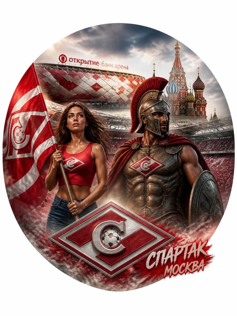 Тату эскиз: Коллаж посвящён ФК «Спартак Москва». На фоне — стадион «Открытие Банк Арена» и купола собора Василия Блаженного. Слева — девушка с красно‑белым флагом, справа — спартанец в доспехах. Внизу — объёмный логотип клуба (красный ромб с буквой «С» и мячом), на заднем плане — трибуны. В правом нижнем углу надпись «СПАРТАК МОСКВА». Композиция сочетает спортивную, историческую и патриотическую символику.