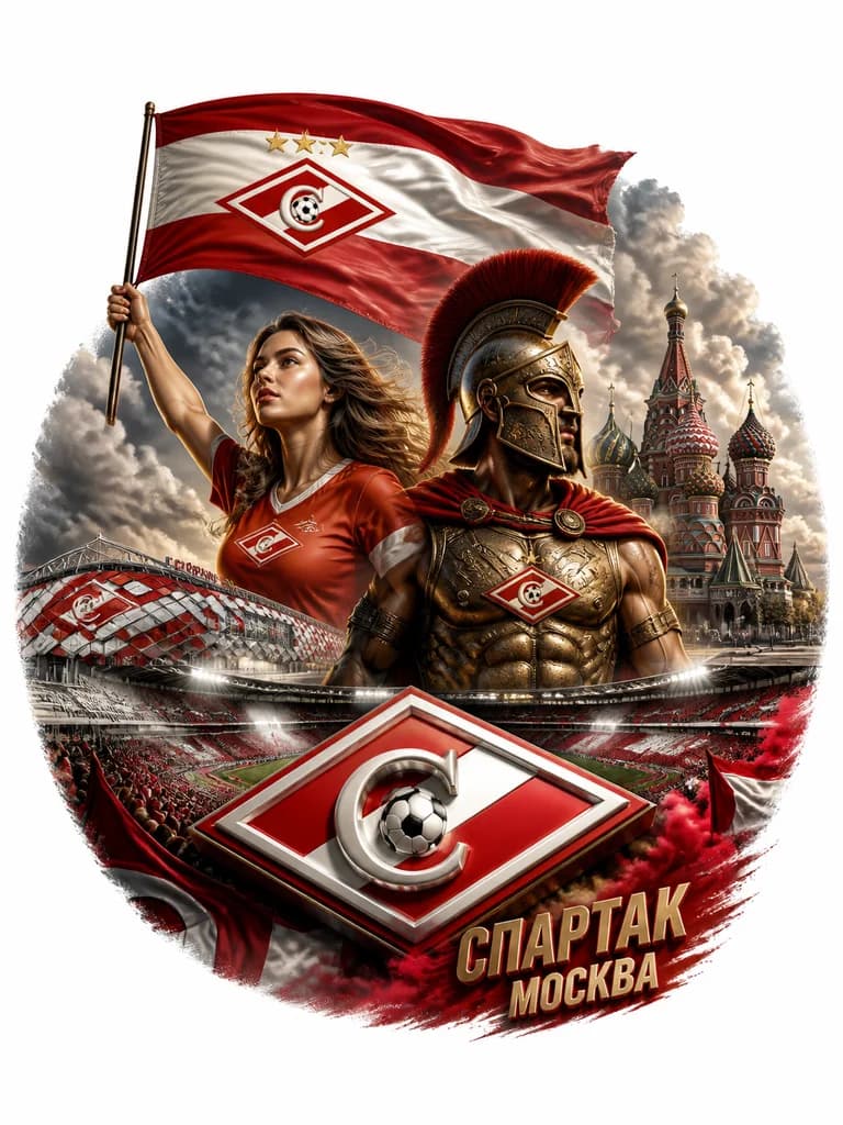 Тату эскиз: Коллаж посвящён ФК «Спартак Москва». На фоне — стадион и купола собора Василия Блаженного.
В левой верхней части изображения расположена фигура девушки в нижнем белье, держащая в поднятой руке красно-белый флаг. Справа от нее доминирует изображение воина-спартанца в шлеме, доспехиВнизу — объёмный логотип клуба (красный ромб с буквой «С» и мячом), на заднем плане — трибуны. В правом нижнем углу надпись «СПАРТАК МОСКВА». Композиция сочетает спортивную, историческую и патриотическую символику.