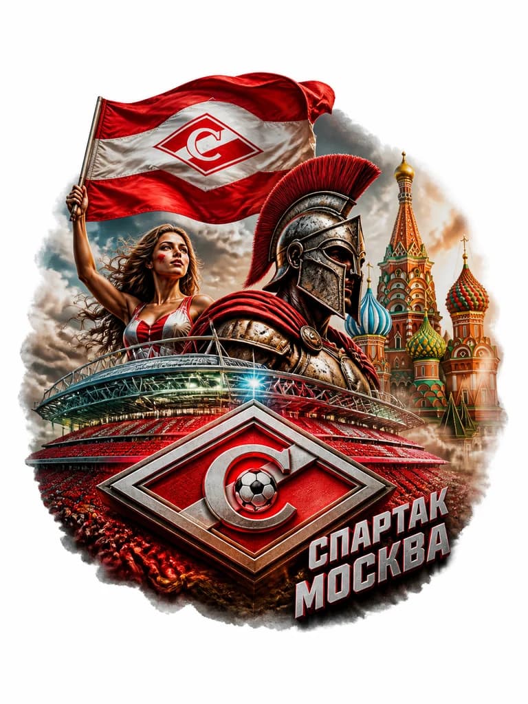 Тату эскиз: Коллаж посвящён ФК «Спартак Москва». На фоне — стадион и купола собора Василия Блаженного.
В левой верхней части изображения расположена фигура девушки в нижнем белье, держащая в поднятой руке красно-белый флаг. Справа от нее доминирует изображение воина-спартанца в шлеме, доспехиВнизу — объёмный логотип клуба (красный ромб с буквой «С» и мячом), на заднем плане — трибуны. В правом нижнем углу надпись «СПАРТАК МОСКВА». Композиция сочетает спортивную, историческую и патриотическую символику.