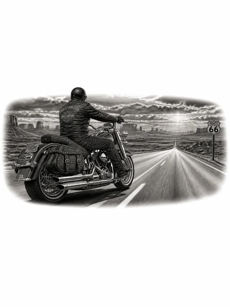 Тату эскиз: Высокодетализированный эскиз татуировки в стиле Black & Grey Realism, вертикальная композиция для предплечья или голени. Одинокий байкер на классическом круизере Harley-Davidson уезжает по бесконечному американскому хайвею в сторону горизонта. Камера расположена немного сзади и ниже, чтобы подчеркнуть мощь мотоцикла. Максимальная детализация двигателя V-Twin, выхлопной системы, спицованных колес, подвески, кожаных кофров, руля и всех хромированных деталей. Хром должен выглядеть зеркальным