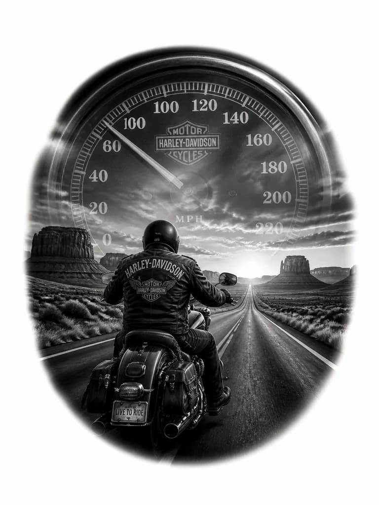Тату эскиз: Высокодетализированный эскиз татуировки в стиле Black & Grey Realism, вертикальная композиция для предплечья или голени. Одинокий байкер на классическом круизере Harley-Davidson уезжает по бесконечному американскому хайвею в сторону горизонта. На фоне спидометр Harley Davidson