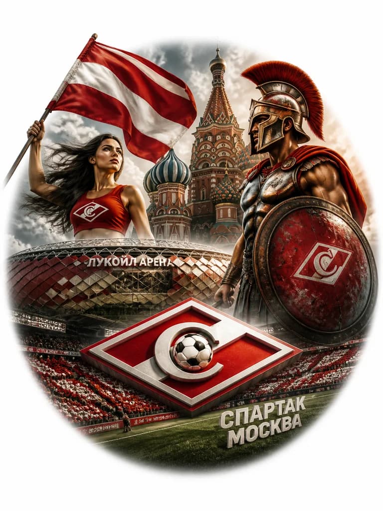 Тату эскиз: На полупрозрачном фоне — стадион «Лукойл Арена» и купола собора Василия Блаженного. Слева вверху — девушка с красно‑белым флагом, справа — воин‑спартанец в клубных цветах. Внизу — объёмный логотип (красный ромб с белой окантовкой, буква «С», диагональная полоса с мячом), за ним — трибуны. В правом нижнем углу на газоне — надпись «СПАРТАК МОСКВА». Композиция сочетает спортивные, исторические и патриотические мотивы, выглядит торжественно и агрессивно