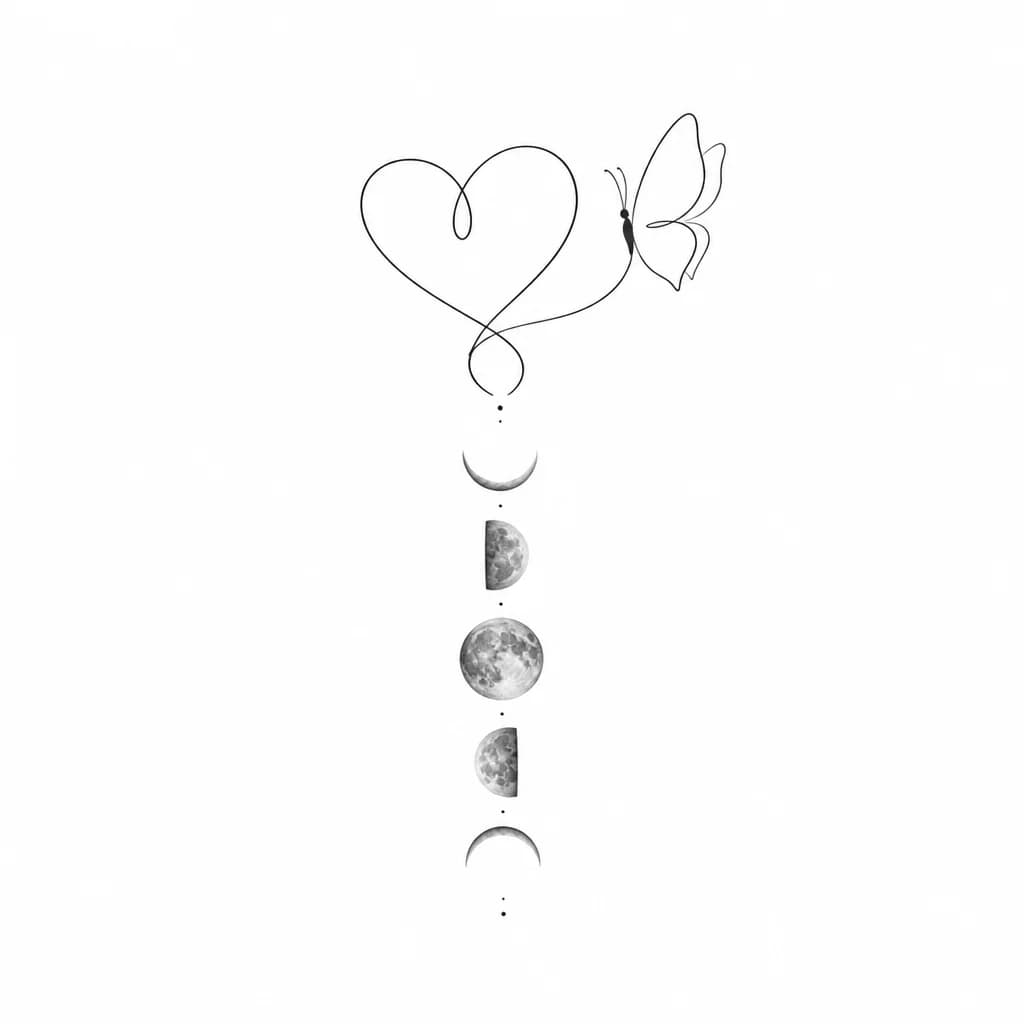 Тату эскиз: A vertical line tattoo design. At the top, there is an elegant, continuous thin line art heart shape, inspired by the BTS Love Yourself album cover, transforming into a delicate butterfly at the top right. Directly below the heart, a vertical alignment of 5 realistic moon phases, inspired by Jimin's back tattoo. The moons should be in a soft shading, realistic, black and grey style with no solid hard outlines. From top to bottom: a thin crescent, a half moon, a full moon in the center, a waning