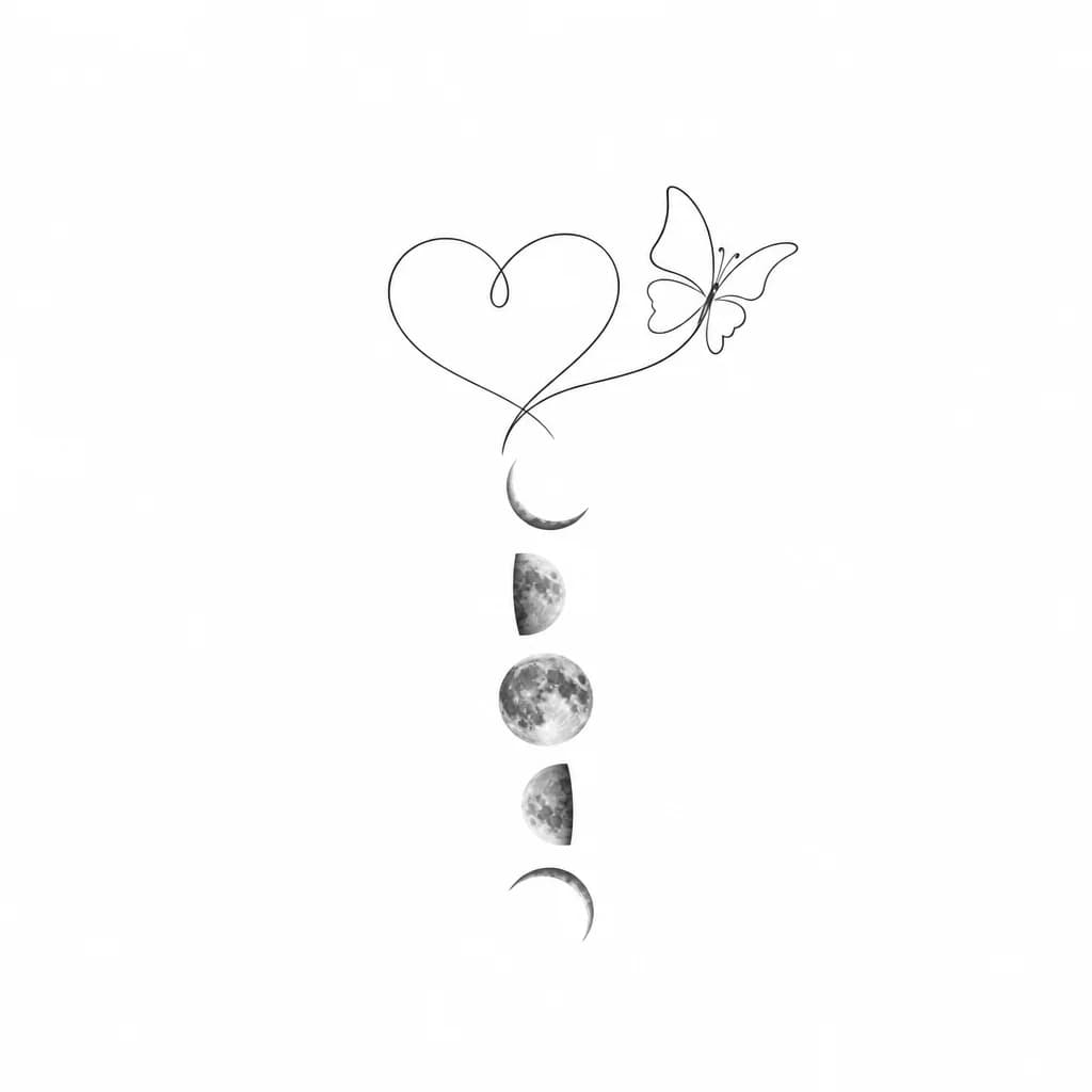 Тату эскиз: A vertical line tattoo design. At the top, there is an elegant, continuous thin line art heart shape, inspired by the BTS Love Yourself album cover, transforming into a delicate butterfly at the top right. Directly below the heart, a vertical alignment of 5 realistic moon phases, inspired by Jimin's back tattoo. The moons should be in a soft shading, realistic, black and grey style with no solid hard outlines. From top to bottom: a thin crescent, a half moon, a full moon in the center, a waning
