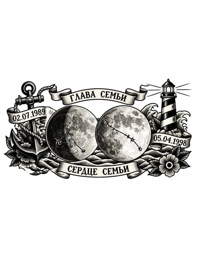 Тату эскиз: Обновленная схема эскиза (сверху вниз от локтя к запястью):🌕 Глава семьи (Рак ♋)Луна (02.07.1989): Убывающий диск, затененный слева.Созвездие Рака: Аккуратная тонкая развилка (похожая на перевернутую Y). Точки-звезды созвездия мягко накладываются на лунный диск, подчеркивая мужскую защиту.🌖 Вы — Сердце семьи (Овен ♈)Луна (05.04.1998): Большой, почти полный сияющий диск (Растущий Гиббус).Созвездие Овна: Лаконичная изящная дуга из трех главных звезд. Она пересекает вашу луну по диагонали. Самая