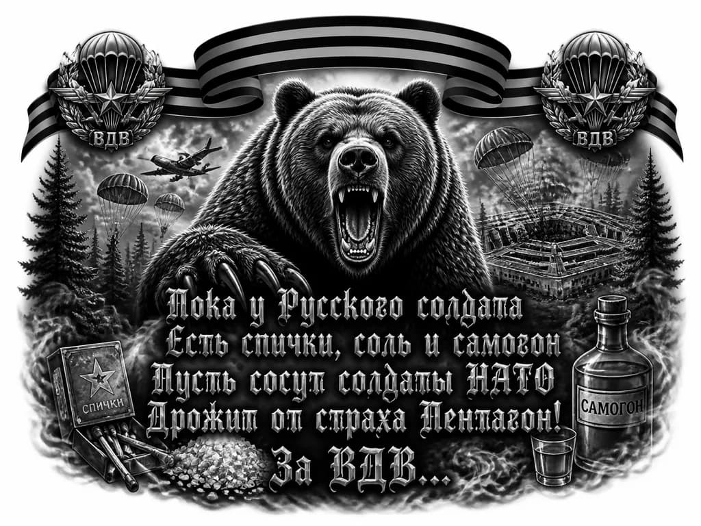 Тату эскиз: Написать в готическом стиле текст на фоне ревущегомедведя -
Пока у Русского солдата
Есть спички, соль и самогон
Пусть ☆☆☆ сосут солдаты НАТО
Дрожит от страха Пентагон!
За ВДВ...
Над текстом пустить георгиевскую ленту справа и слева от неё эмблемы ВДВ