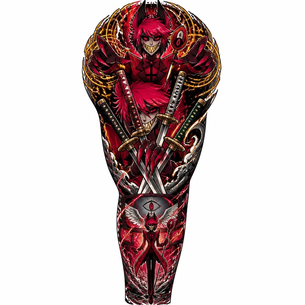 Тату эскиз: Full sleeve tattoo design for a human arm, illustrative graphic style, bold black outlines, dense cross-hatching, stippling dotwork, sharp ink lines. Anatomical flow from shoulder to wrist. Top shoulder: Alastor from Hazbin Hotel in dynamic pose, wide sly grin, small red pupils, radio antlers with sharp horns, long claw hands spread wide, emitting golden-yellow electric radio waves wrapping around the deltoid. Middle bicep: Alastor's claws holding three crossed katana swords (Zoro style) with di