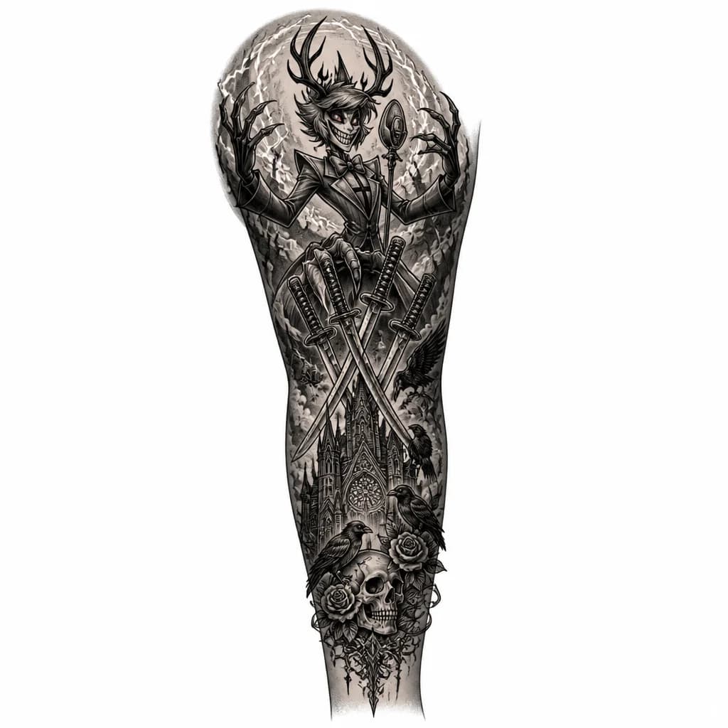 Тату эскиз: Full sleeve tattoo design for a human arm, illustrative graphic style, bold black outlines, dense cross-hatching, stippling dotwork, sharp ink lines. Anatomical flow from shoulder to wrist. Top shoulder: Alastor from Hazbin Hotel in dynamic pose, wide sly grin, small red pupils, radio antlers with sharp horns, long claw hands spread wide, emitting golden-yellow electric radio waves wrapping around the deltoid. Middle bicep: Alastor's claws holding three crossed katana swords (Zoro style) with di