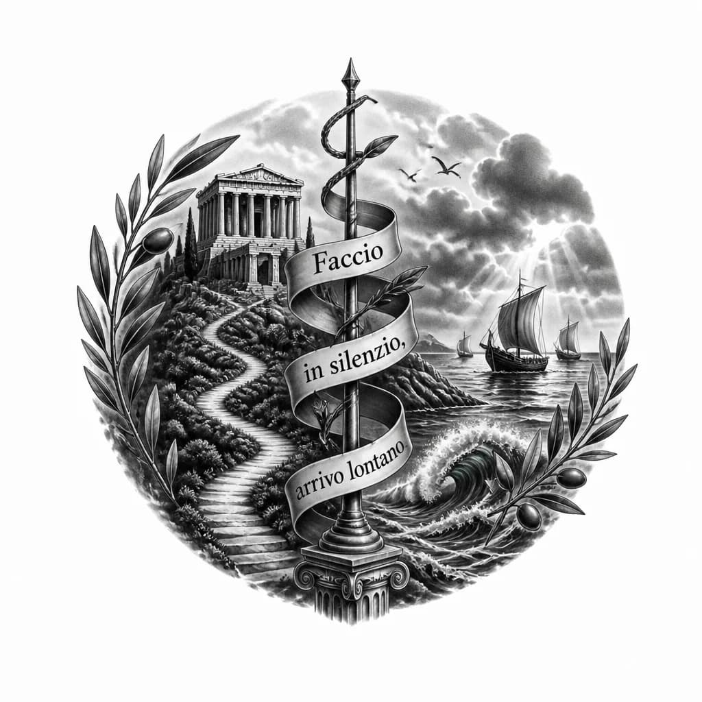 Тату эскиз: Греческий и итальянский стиль. Вертикальная ось — символ жизненного пути. Она объединяет все элементы в одну историю. Извивающаяся линия вокруг оси — путь никогда не бывает прямым. Оливковая ветвь — один из древнейших символов Греции. Море — свобода.