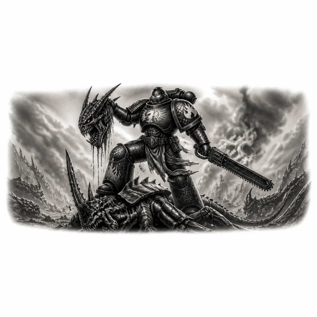 Тату эскиз: Космодесантник из вселенной Warhammer 40k из ордена Саламандр стоит на трупе тиранида и держит в одной руке его оторванную голову, а в другой руке цепной меч