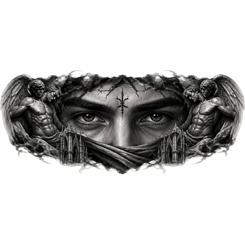 Тату эскиз: Мужской взгляд. Брови выглядят немного хмурыми, но это лишь их естественная форма, взгляд спокойный, не осуждающий но и не радостный. Просто наблюдающий взгляд. Невероятно красивые карие глаза
