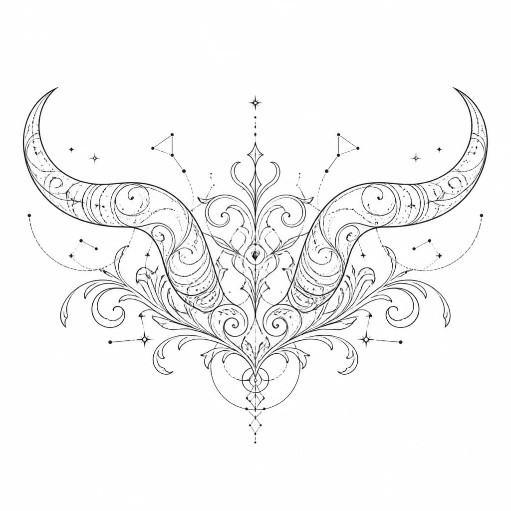 Тату эскиз: Minimalist tattoo design, curved horn shape with spiral details, clean thin black lines on white background, simple spiral patterns following the horn curve, small constellation dots connected by thin lines, no arrows, no shading, no cross-hatching, no ornate details, geometric simplicity, elegant and modern style, fine line tattoo, negative space, balanced composition, black ink only