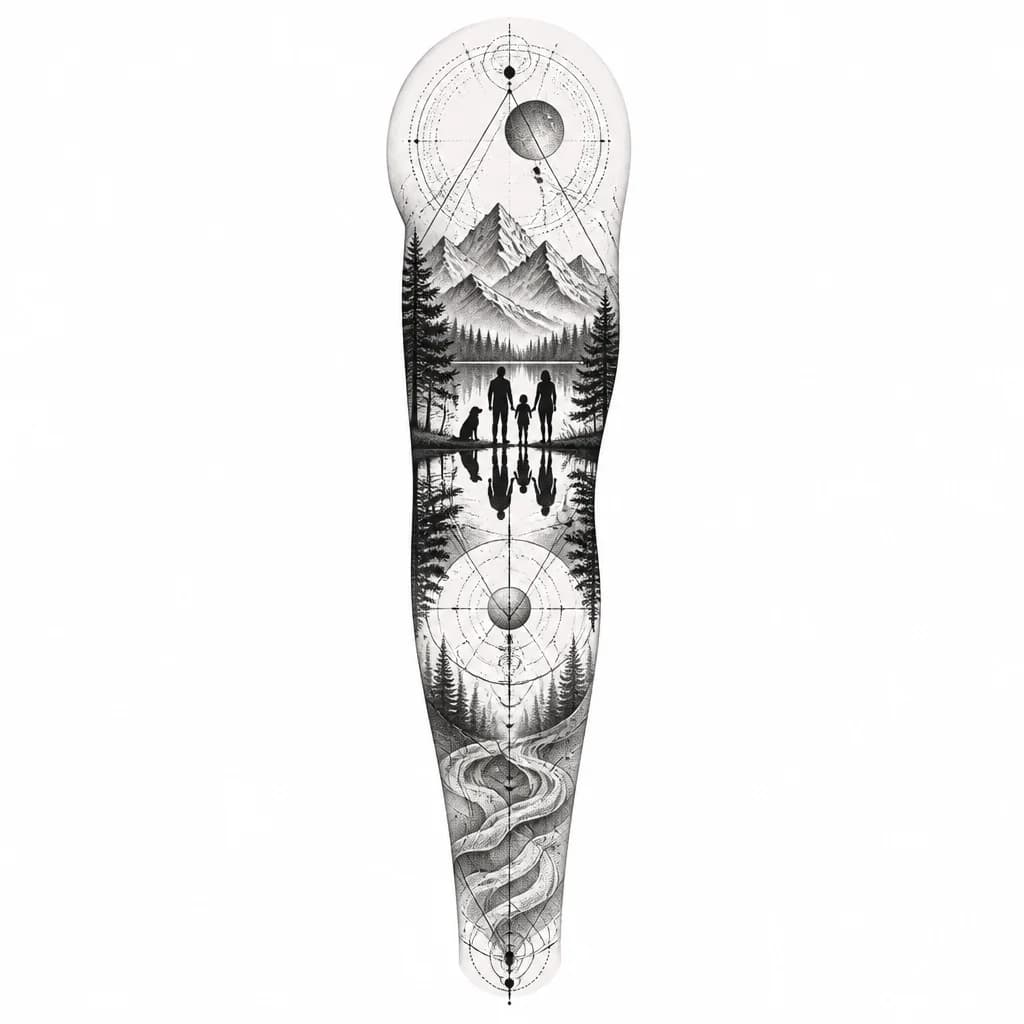 Тату эскиз: A serene lake with mirror-like water surface reflecting the silhouettes of a family with a dog on the shore, surrounded by trees and mountains, black and white ink, monochrome style, contemplative landscape, tattoo flash sheet illustration, white background, high contrast, clean lines