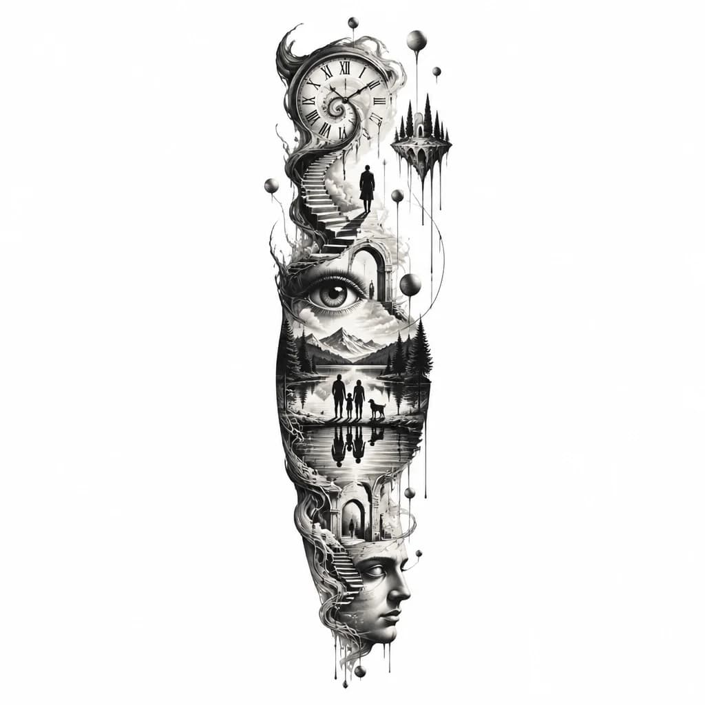 Тату эскиз: A serene lake with mirror-like water surface reflecting the silhouettes of a family with a dog on the shore, surrounded by trees and mountains, black and white ink, monochrome style, contemplative landscape, tattoo flash sheet illustration, white background, high contrast, clean lines