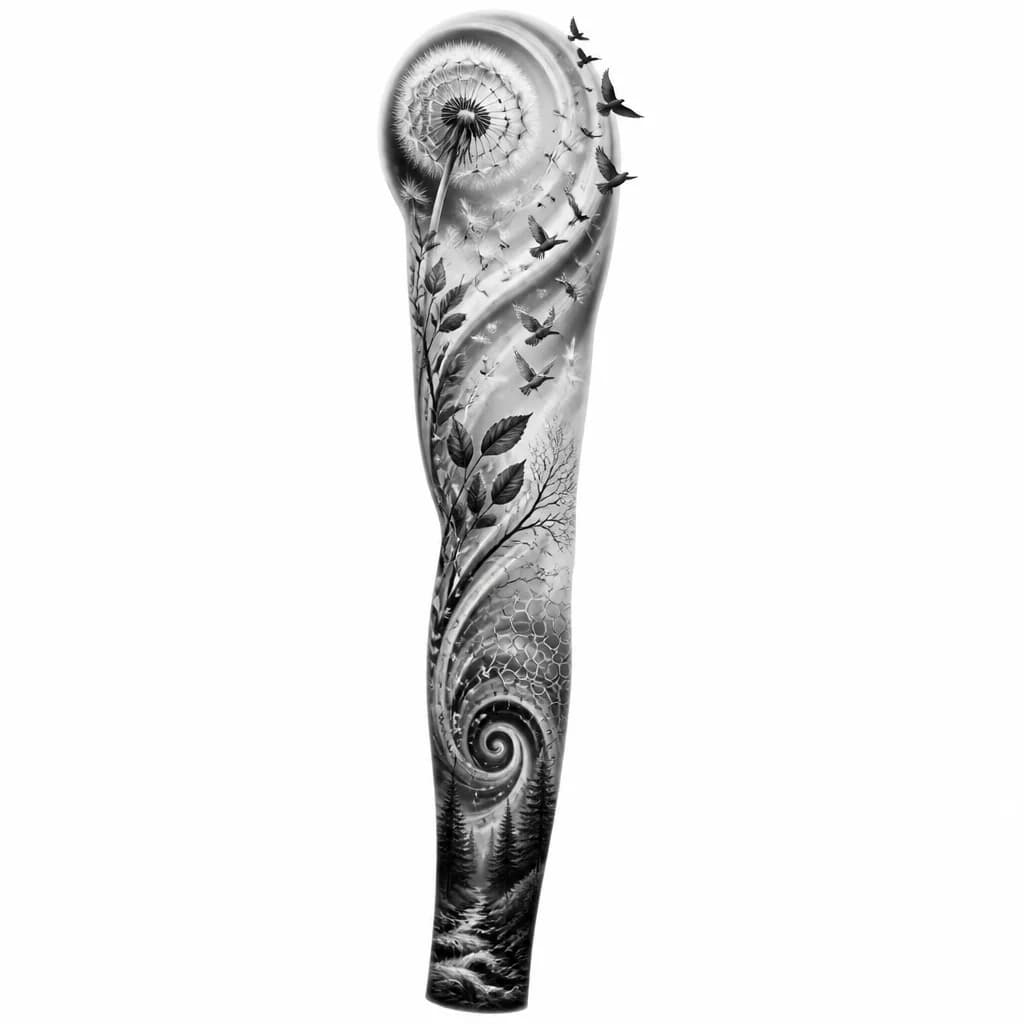 Тату эскиз: A black and white spiral design incorporating dandelion seeds, flying birds, and delicate branches in a continuous upward flow, monochrome ink, intricate geometric and organic patterns blended together, symbolic transformation imagery, tattoo flash sheet illustration, white background, high contrast, clean lines