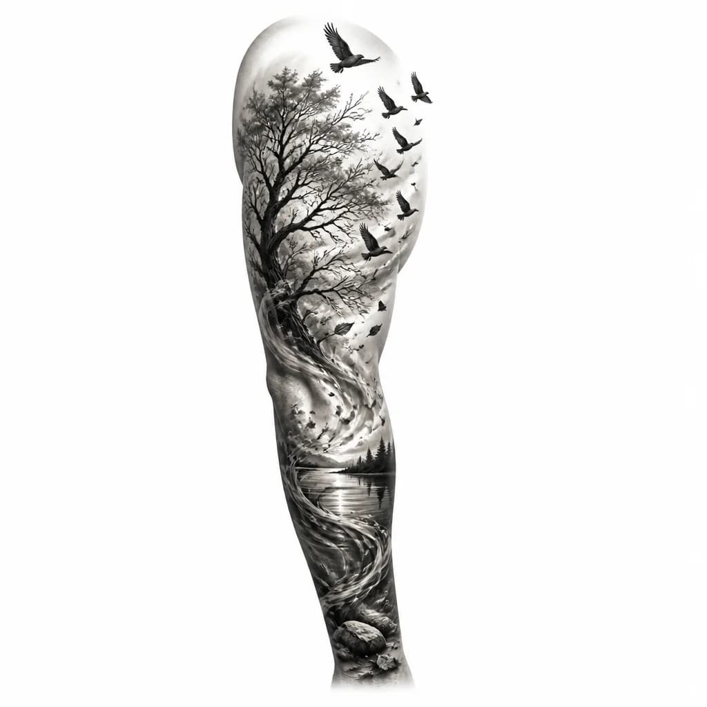 Тату эскиз: A black and white monochrome illustration of a stylized tree with multiple birds flying away from its branches, wind currents shown as flowing lines carrying leaves, detailed linework, nature scene, tattoo flash sheet illustration, white background, high contrast, clean lines