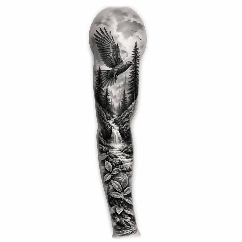 Тату эскиз: A minimalist black and white silhouette of a bird in flight with wings composed of delicate leaves, branches, and botanical elements, monochrome ink, flowing organic shapes, nature-inspired design, tattoo flash sheet illustration, white background, high contrast, clean lines
