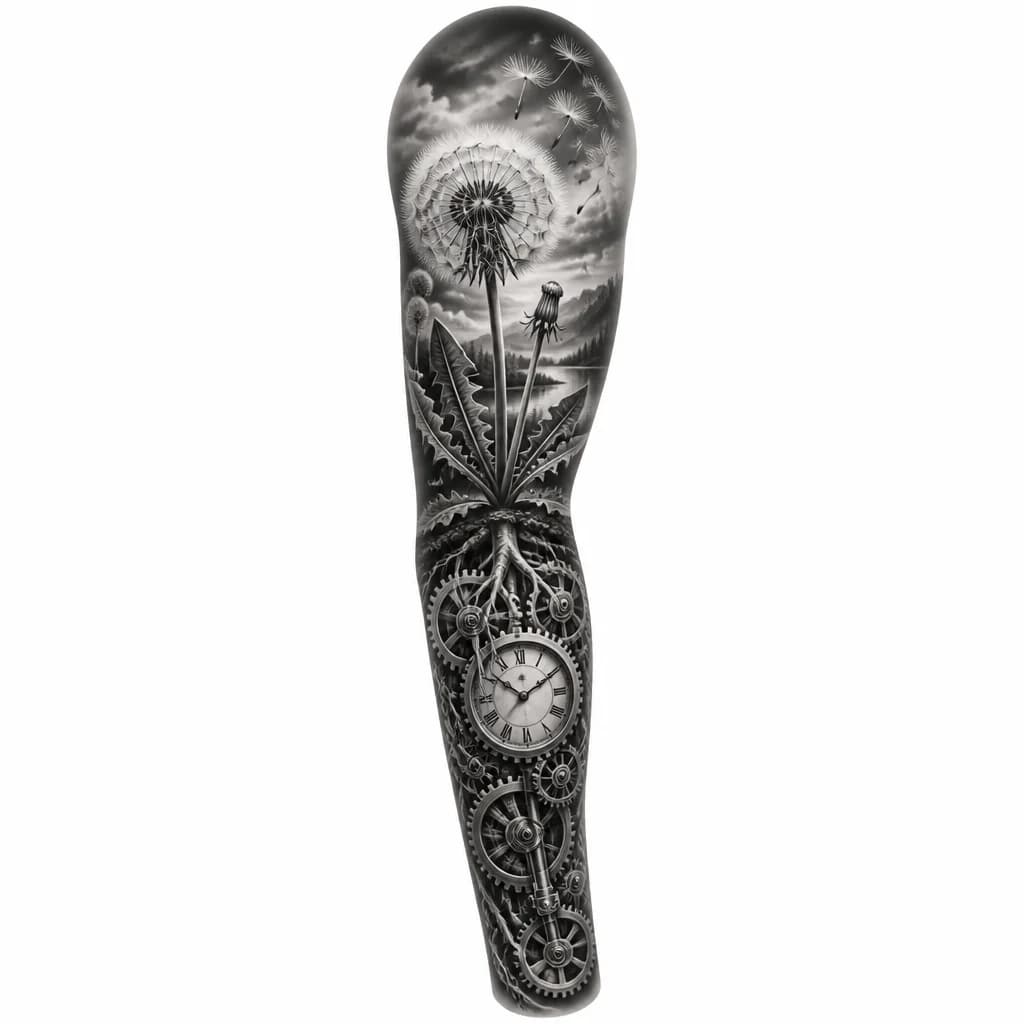 Тату эскиз: A detailed black and white illustration of a dandelion with intricate roots intertwined with clock gears and cogs below the soil line. Some dandelion seeds are floating upward in the wind. The style is botanical with mechanical elements, monochrome ink, fine line work, tattoo flash sheet illustration, white background, high contrast, clean lines