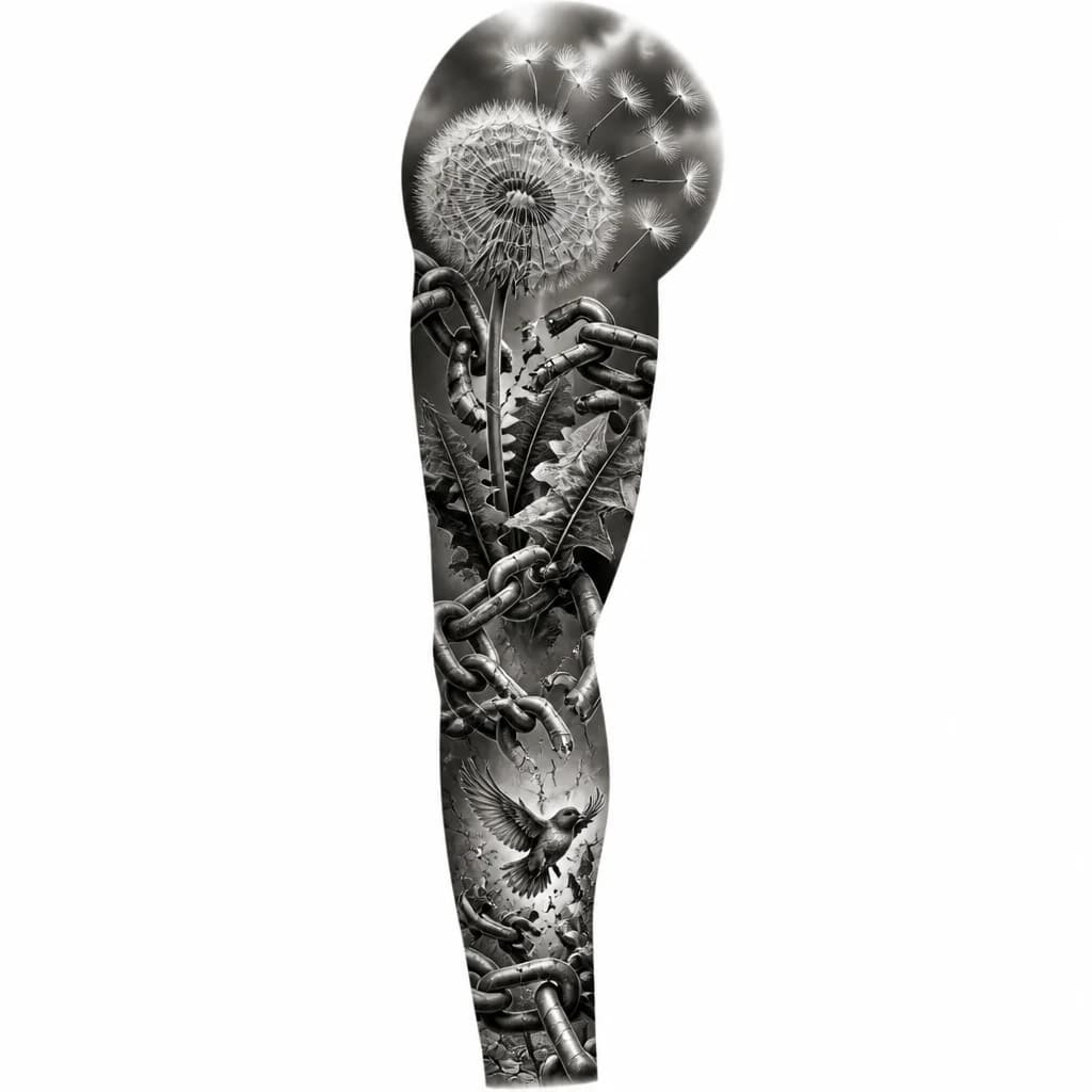 Тату эскиз: Delicate dandelion flower breaking through broken metal chain links, detailed petals and seeds dispersing, symbolizing freedom and release, black and white monochrome ink, minimalist botanical design, negative space, tattoo flash sheet illustration, white background, high contrast, clean lines