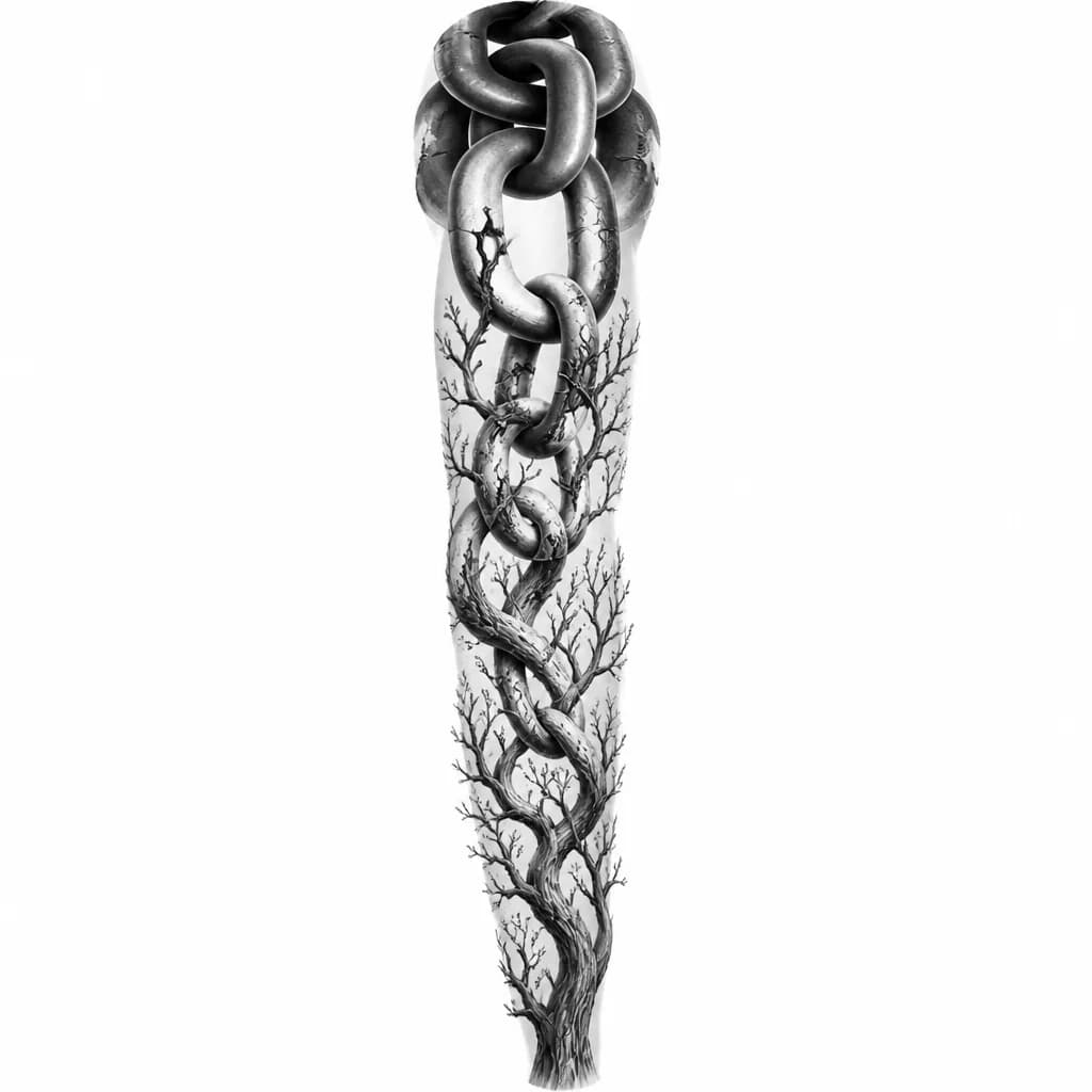 Тату эскиз: Metal chain links gradually morphing and transforming into delicate tree branches and twigs, transition from heavy industrial to organic natural forms, black and white monochrome, detailed line work, flowing metamorphosis effect, tattoo flash sheet illustration, white background, high contrast, clean lines