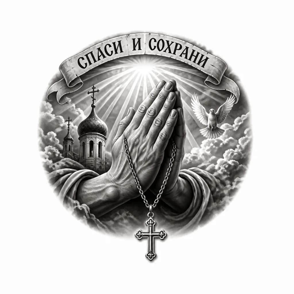 Тату эскиз: Перед вами эскиз татуировки в чёрно‑белой графике. Композиция выстроена вертикально и включает несколько смысловых элементов:
Сложенные в молитве руки — в центре, в нижней части композиции; пальцы прорисованы детально, акцент сделан на жесте сосредоточенности и обращения к высшим силам.
Нательный крестик на цепочке — свисает из области сложенных ладоней; цепочка и крестик выполнены с умеренной детализацией, подчёркивающей их роль как личного оберега.
Надпись «СПАСИ И СОХРАНИ» — размещена на пря