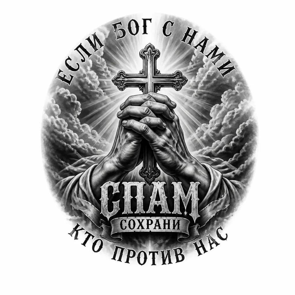 Тату эскиз: Черно белая тату, надпись спам и сохрани, крест, руки с крестом, вокруг надпись если бог с нами кто против нас