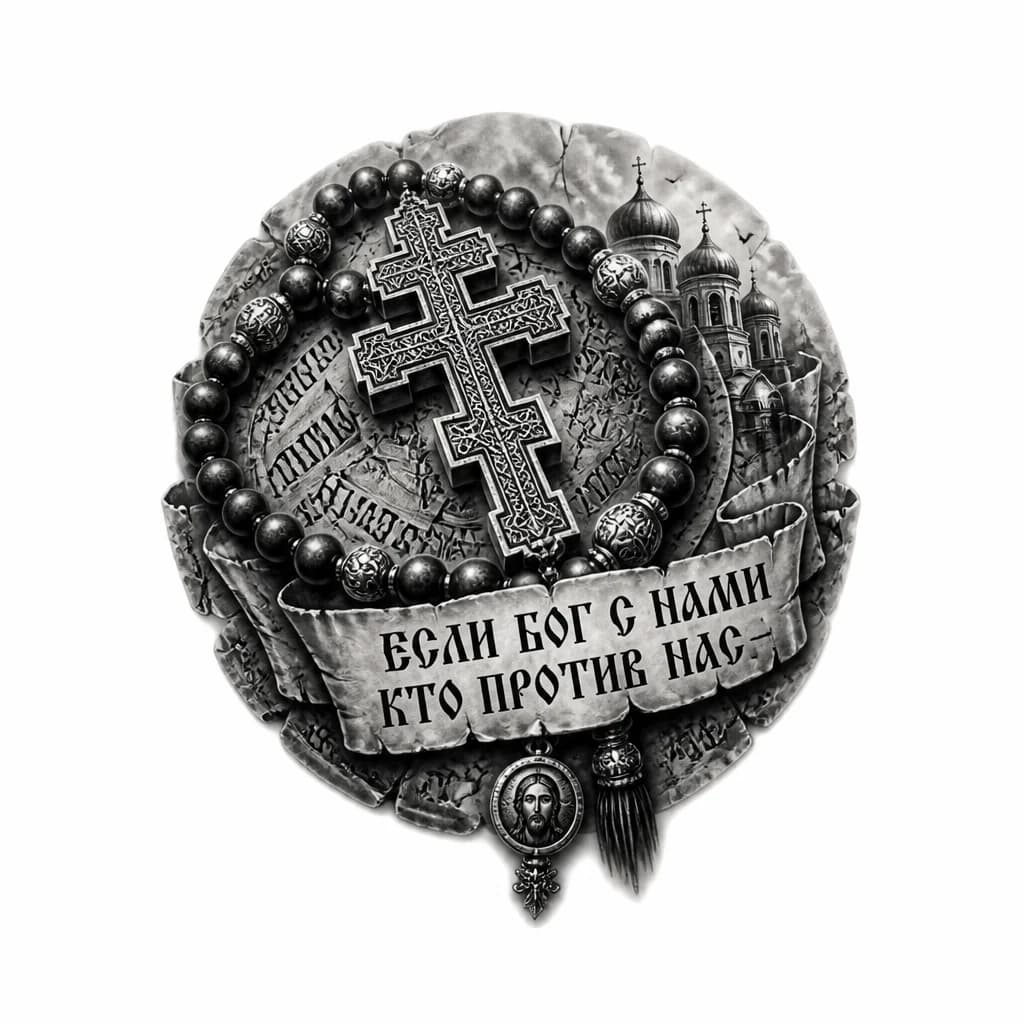 Тату эскиз: Orthodox prayer beads (chotki) arranged in a circular pattern with a prominent ornate cross at the center, black and white monochrome ink, detailed beads and religious ornaments, spiritual symbolism, geometric circular composition, tattoo flash sheet illustration, white background, high contrast, clean lines