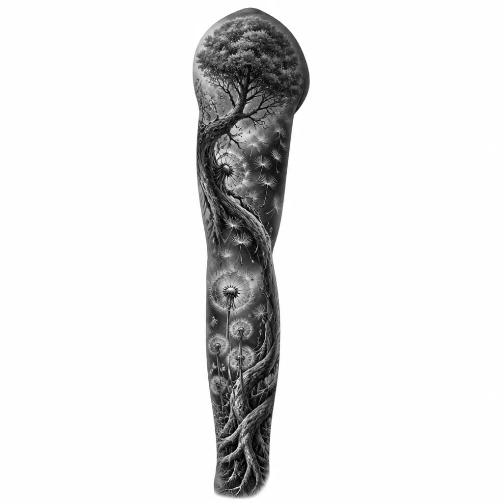 Тату эскиз: Black and white tattoo design featuring tree roots gradually transforming into dandelion seeds floating upward, monochrome ink illustration, organic flowing lines, roots at bottom transitioning to airborne seeds, artistic botanical style, tattoo flash sheet illustration, white background, high contrast, clean lines