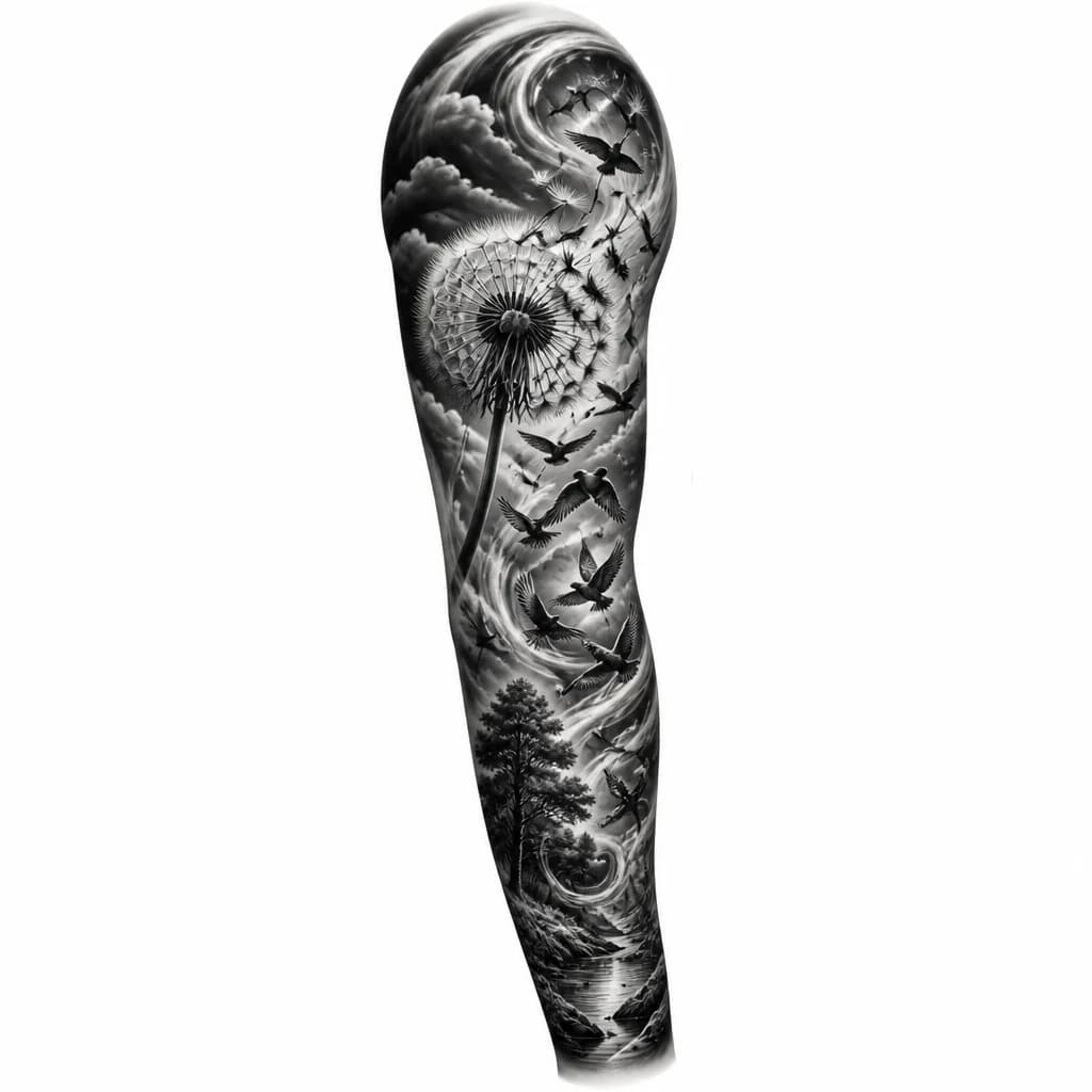 Тату эскиз: A detailed dandelion with seeds transforming into small flying birds and swirling wind currents, black and white monochrome ink, intricate line work with flowing organic patterns, ethereal and whimsical, tattoo flash sheet illustration, white background, high contrast, clean lines