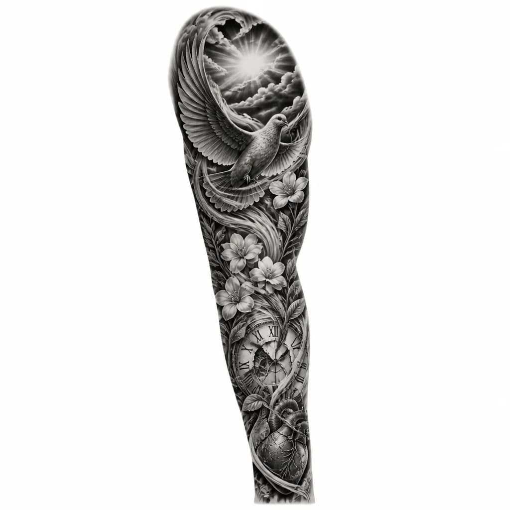 Тату эскиз: A stylized composition showing broken lines transforming into flowers and leaves that grow into bird wings, set against a sky background with swirling air currents, black and white monochrome ink, geometric and organic blend, healing and transformation theme, tattoo flash sheet illustration, white background, high contrast, clean lines