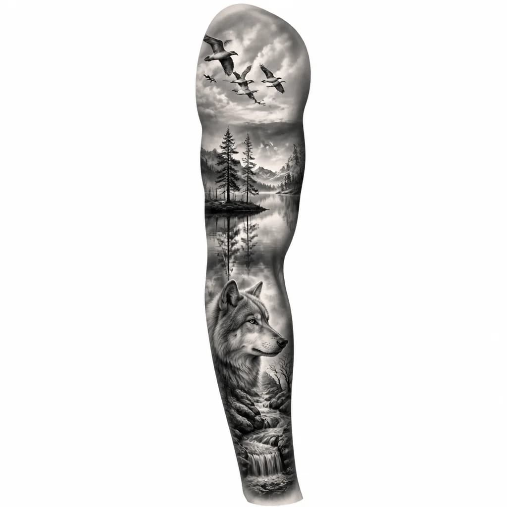 Тату эскиз: A serene lake landscape with mirror reflection of sky and flying birds, the horizon line blurred and artistic, black and white monochrome style, minimalist line work with gentle flowing curves, tattoo flash sheet illustration, white background, high contrast, clean lines