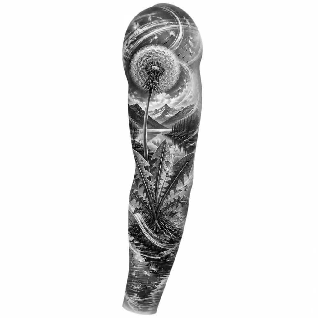 Тату эскиз: A detailed dandelion plant growing on a lakeside with mountain peaks visible in background, lake water in foreground with reflections, wind patterns connecting all elements together through flowing lines, black and white monochrome ink, botanical detailed illustration combined with landscape, balanced composition, tattoo flash sheet illustration, white background, high contrast, clean lines