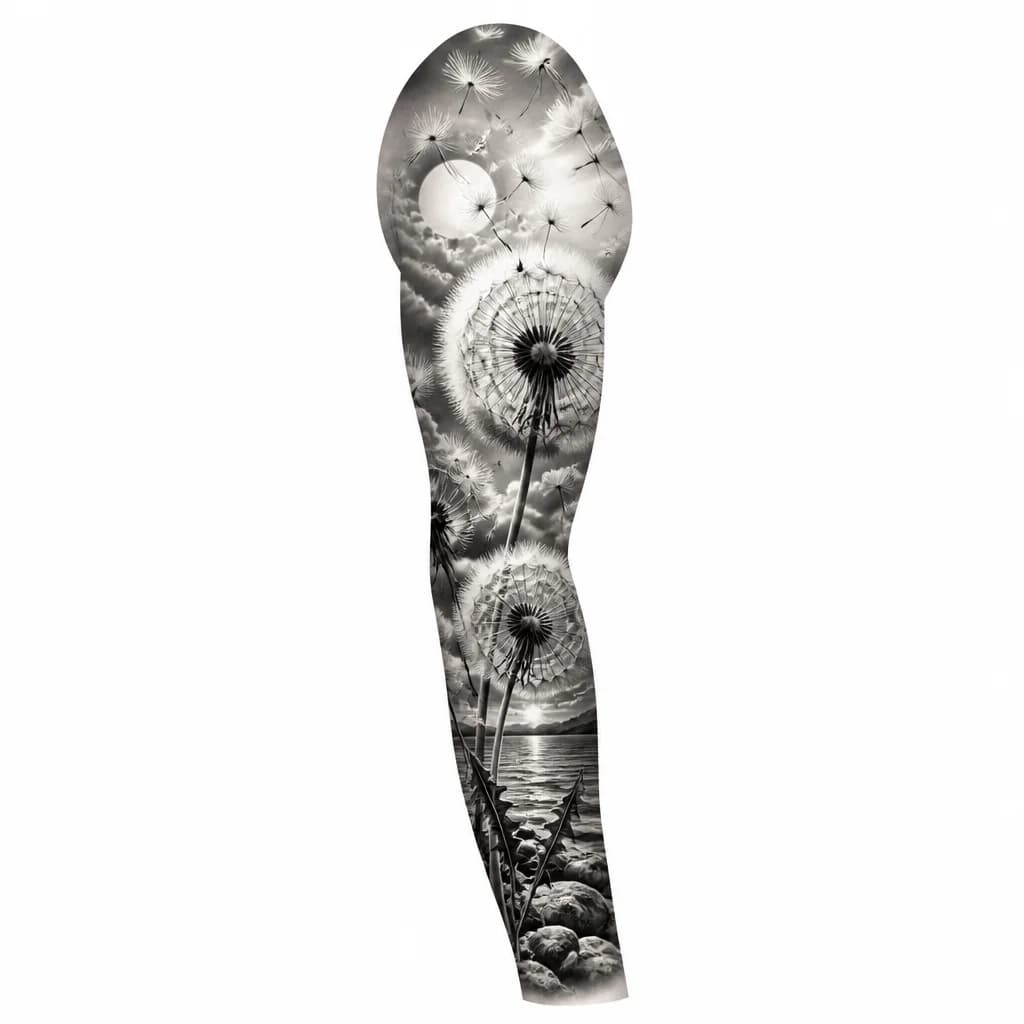 Тату эскиз: A detailed dandelion with seeds dispersing in the wind, some seeds floating away into empty space, monochrome black and white style, fine line work, artistic botanical illustration, delicate and flowing composition, tattoo flash sheet illustration, white background, high contrast, clean lines