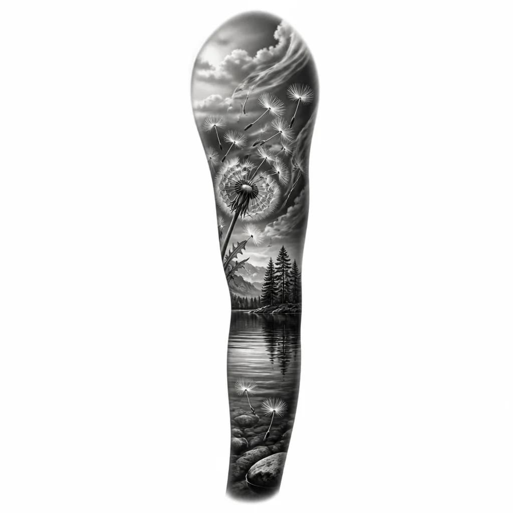 Тату эскиз: A minimalist lake landscape with dandelion seeds floating and dispersing across the sky above water, wind streams carrying seeds upward, black and white monochrome, geometric and organic elements combined, peaceful nature scene, tattoo flash sheet illustration, white background, high contrast, clean lines