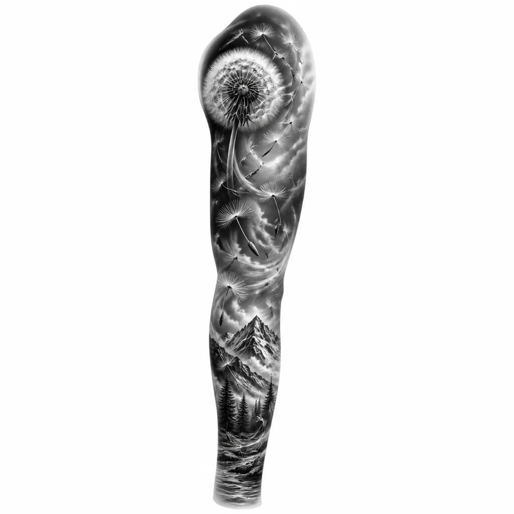 Тату эскиз: A single dandelion with seeds being carried away by wind, seeds dispersing into the air in graceful flowing patterns, monochrome black and white ink illustration, minimalist botanical style, high contrast, clean lines, tattoo flash sheet illustration, white background, high contrast, clean lines