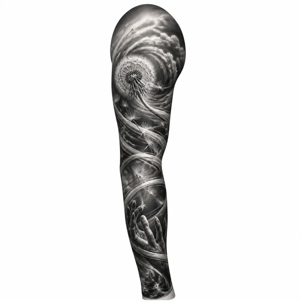 Тату эскиз: Abstract representation of wind visualized through dandelion seeds and flowing lines, swirling patterns and organic curves showing wind movement, black and white ink linework, dynamic and ethereal composition, botanical meets abstract style, tattoo flash sheet illustration, white background, high contrast, clean lines