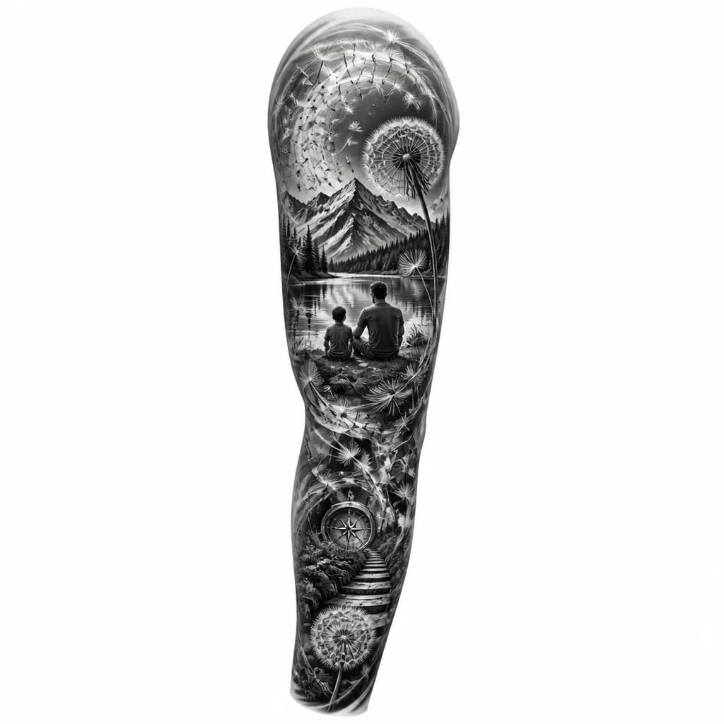 Тату эскиз: Father and son silhouettes sitting on a lake shore facing mountains, dandelion seeds swirling around them in circular wind patterns, creating a spiral of continuity, lake water and landscape details, black and white ink monochrome, geometric and organic elements combined, detailed linework, tattoo flash sheet illustration, white background, high contrast, clean lines