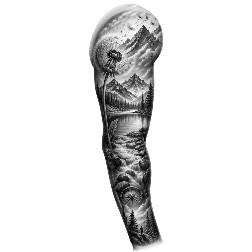 Тату эскиз: A dandelion with mountain peaks and lake landscape integrated into its seed head structure, the seeds transforming into mountain silhouettes, detailed botanical style, black and white monochrome, minimalist fine line art, tattoo flash sheet illustration, white background, high contrast, clean lines
