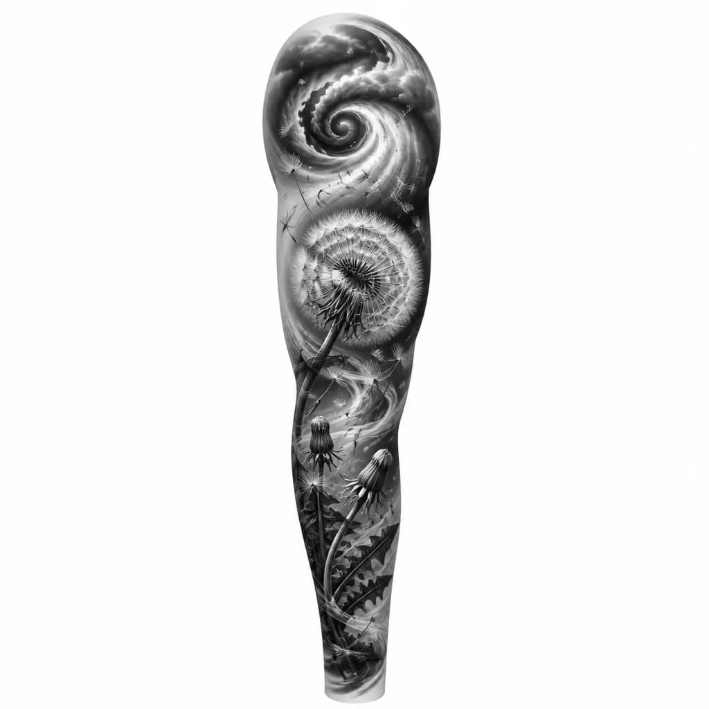 Тату эскиз: A dandelion with seeds being carried away by swirling wind currents, seeds dispersing into the air, black and white ink style, monochrome, botanical illustration with flowing wind lines, tattoo flash sheet illustration, white background, high contrast, clean lines